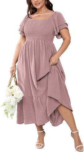 SCOMCHIC Women's Plus Size Maxi Dress Ruffle Sleeve Square Neck Smocked Flowy A-Line Wedding Guest Party Long Dresses in Kuwait