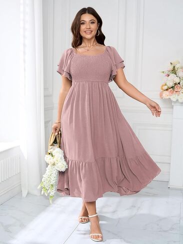 SCOMCHIC Women's Plus Size Maxi Dress Ruffle Sleeve Square Neck Smocked Flowy A-Line Wedding Guest Party Long Dresses in Kuwait