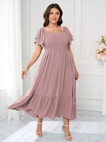 SCOMCHIC Women's Plus Size Maxi Dress Ruffle Sleeve Square Neck Smocked Flowy A-Line Wedding Guest Party Long Dresses in Kuwait