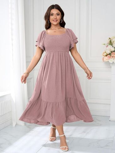SCOMCHIC Women's Plus Size Maxi Dress Ruffle Sleeve Square Neck Smocked Flowy A-Line Wedding Guest Party Long Dresses in Kuwait