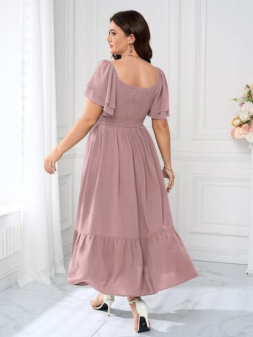 SCOMCHIC Women's Plus Size Maxi Dress Ruffle Sleeve Square Neck Smocked Flowy A-Line Wedding Guest Party Long Dresses in Kuwait