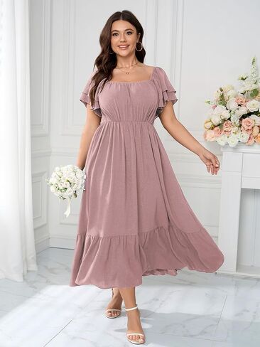 SCOMCHIC Women's Plus Size Maxi Dress Ruffle Sleeve Square Neck Smocked Flowy A-Line Wedding Guest Party Long Dresses in Kuwait