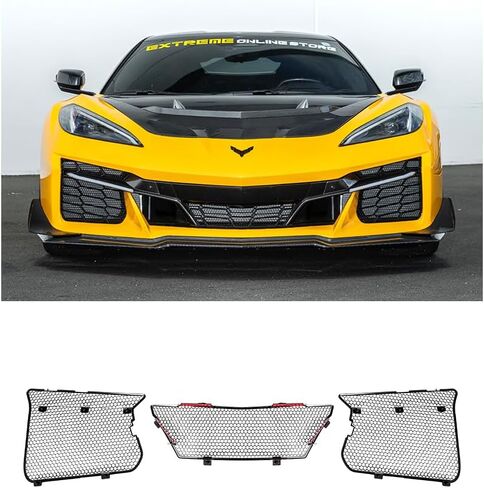 Replacement For 2020-Present Corvette C8 E-Ray & Z06 Models | GM Factory Style Aluminum - Painted Glossy Black Clip-On Front Radiator Mesh Grille Insert Guard Covers in Saudi Arabia