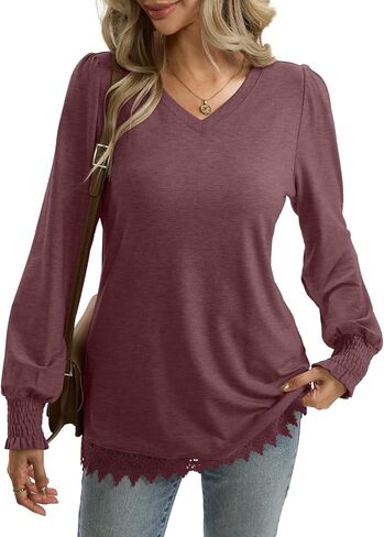 قمصان تونيك بأكمام طويلة للسيدات وأكمام منتفخة وحاشية من الدانتيل قمصان للخريف ورقبة على شكل V بلوزات غير رسمية أنيقة 2025 in Kuwait