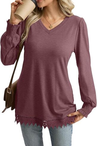 قمصان تونيك بأكمام طويلة للسيدات وأكمام منتفخة وحاشية من الدانتيل قمصان للخريف ورقبة على شكل V بلوزات غير رسمية أنيقة 2025 in Kuwait