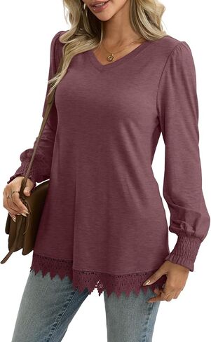 قمصان تونيك بأكمام طويلة للسيدات وأكمام منتفخة وحاشية من الدانتيل قمصان للخريف ورقبة على شكل V بلوزات غير رسمية أنيقة 2025 in Kuwait