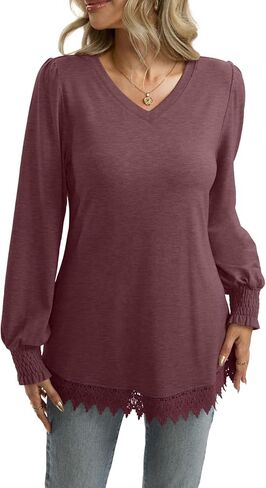 قمصان تونيك بأكمام طويلة للسيدات وأكمام منتفخة وحاشية من الدانتيل قمصان للخريف ورقبة على شكل V بلوزات غير رسمية أنيقة 2025 in Kuwait