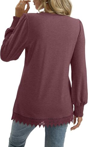 قمصان تونيك بأكمام طويلة للسيدات وأكمام منتفخة وحاشية من الدانتيل قمصان للخريف ورقبة على شكل V بلوزات غير رسمية أنيقة 2025 in Kuwait