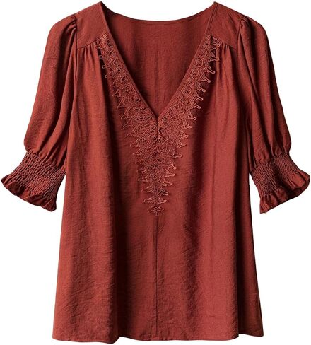 SOLY HUX Women's Plus Size Lace Blouse V Neck Half Sleeve Shirt Top Vintage Teacher Clothes in Saudi Arabia