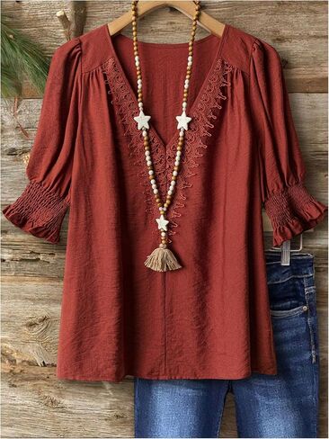 SOLY HUX Women's Plus Size Lace Blouse V Neck Half Sleeve Shirt Top Vintage Teacher Clothes in Saudi Arabia