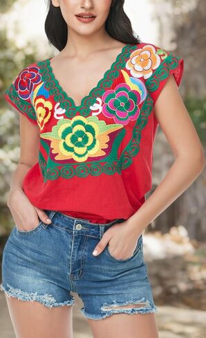 YZXDORWJ Women's Mexican Peasant Blouse Cotton Tops White Shirt in Kuwait