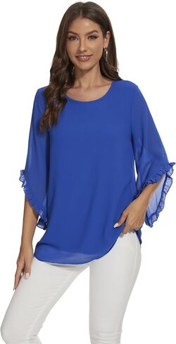 Womens Blouses Floral Printed 3 4 Batwing Sleeve Shirt Crew Neck Double Layered Chiffon Loose Tops in Saudi Arabia