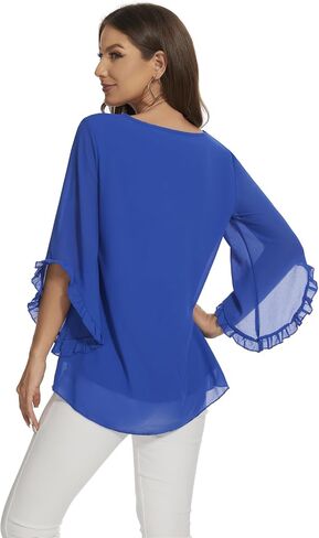 Womens Blouses Floral Printed 3 4 Batwing Sleeve Shirt Crew Neck Double Layered Chiffon Loose Tops in Saudi Arabia