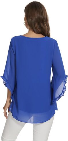 Womens Blouses Floral Printed 3 4 Batwing Sleeve Shirt Crew Neck Double Layered Chiffon Loose Tops in Saudi Arabia