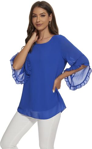 Womens Blouses Floral Printed 3 4 Batwing Sleeve Shirt Crew Neck Double Layered Chiffon Loose Tops in Saudi Arabia