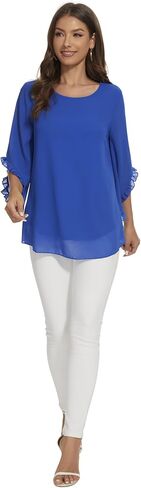 Womens Blouses Floral Printed 3 4 Batwing Sleeve Shirt Crew Neck Double Layered Chiffon Loose Tops in Saudi Arabia