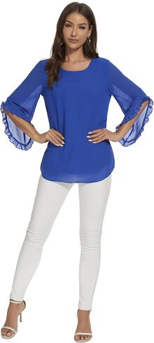 Womens Blouses Floral Printed 3 4 Batwing Sleeve Shirt Crew Neck Double Layered Chiffon Loose Tops in Saudi Arabia
