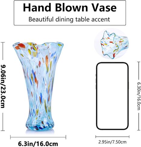 9.0 "H Teal Glass Fass for Flowers ، و Hand Blow Glass Vase Teal Home Decore ، Wide Mouth Green Flower Protse ، for Bookshelf ، Table ، سطح مكتب المكتب الداخلي ، غرفة اجتماعات ، حمام ، كونترتوب ، كونترتوب in Saudi Arabia