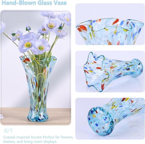9.0 "H Teal Glass Fass for Flowers ، و Hand Blow Glass Vase Teal Home Decore ، Wide Mouth Green Flower Protse ، for Bookshelf ، Table ، سطح مكتب المكتب الداخلي ، غرفة اجتماعات ، حمام ، كونترتوب ، كونترتوب in Saudi Arabia