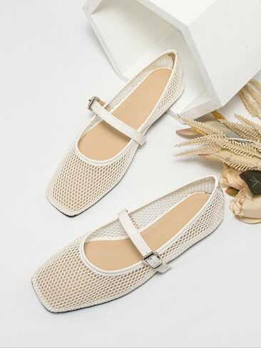 Women's Embroidery Lace Mesh Ballet Flats, Elegant Square Toe Flat Shoes for Party, Fashionable Daily Clothing Decor, Lightweight Breathable Comfortable Shoes for Women & Girls, Footwear in Saudi Arabia