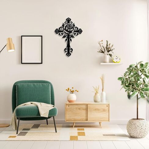 LIYOUYA Metal Rose Cross Wall Decor - Modern Room Decor Black Cross Wall Art Home Decor for Living Room, Bedroom, Dining Room, Porch (Black) in Saudi Arabia