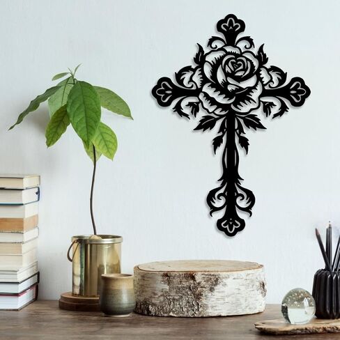 LIYOUYA Metal Rose Cross Wall Decor - Modern Room Decor Black Cross Wall Art Home Decor for Living Room, Bedroom, Dining Room, Porch (Black) in Saudi Arabia