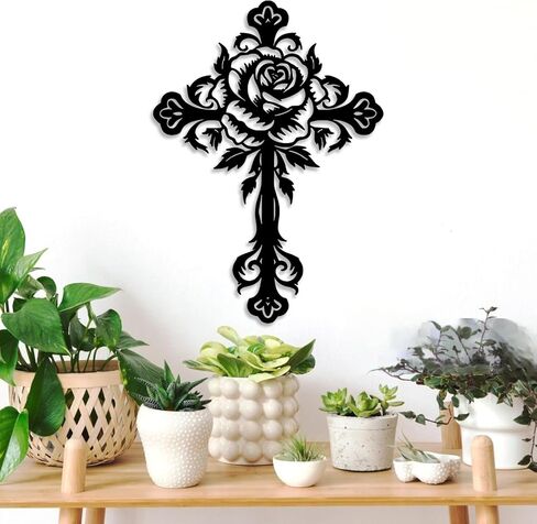 LIYOUYA Metal Rose Cross Wall Decor - Modern Room Decor Black Cross Wall Art Home Decor for Living Room, Bedroom, Dining Room, Porch (Black) in Saudi Arabia