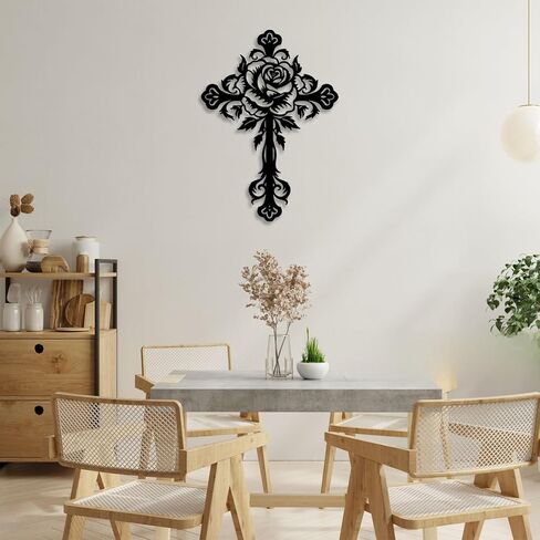 LIYOUYA Metal Rose Cross Wall Decor - Modern Room Decor Black Cross Wall Art Home Decor for Living Room, Bedroom, Dining Room, Porch (Black) in Saudi Arabia
