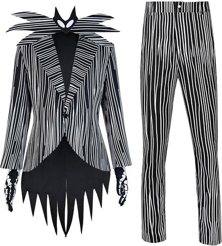Halloween Striped Jack Skull Costume, Black and White Pinstripe Suit, Adult Nightmare Christmas Uniform in Saudi Arabia