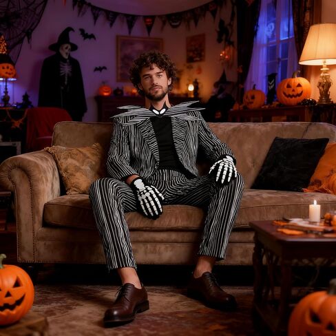 Halloween Striped Jack Skull Costume, Black and White Pinstripe Suit, Adult Nightmare Christmas Uniform in Saudi Arabia