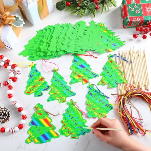 80 Sets 8 Styles Magic Color Scratch Green Christmas Tree Ornaments 5.1 Inches Christmas Crafts Kits Rainbow Scratch Ornaments for Activities Winter Season Party Favors (House) in Saudi Arabia