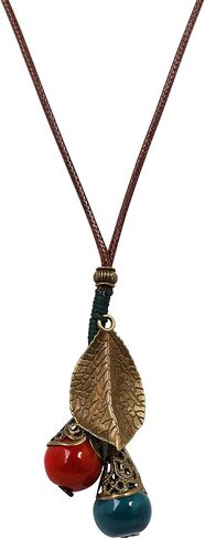 MINACHI Hippie Boho Colorful Beads Lucky Leaf Long Leather Necklace, Bohemian Jewelry Gift for Women in Kuwait