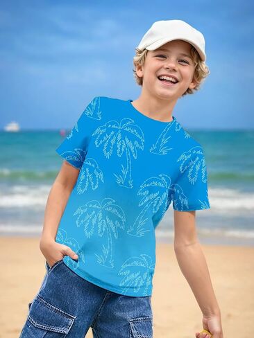 Hawaiian Shirts for Boys Tropical Palm Tree Graphic T-Shirt Casual Cool Hawaiian Shirt for Kids 6-13 Years in Saudi Arabia