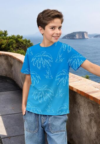 Hawaiian Shirts for Boys Tropical Palm Tree Graphic T-Shirt Casual Cool Hawaiian Shirt for Kids 6-13 Years in Saudi Arabia