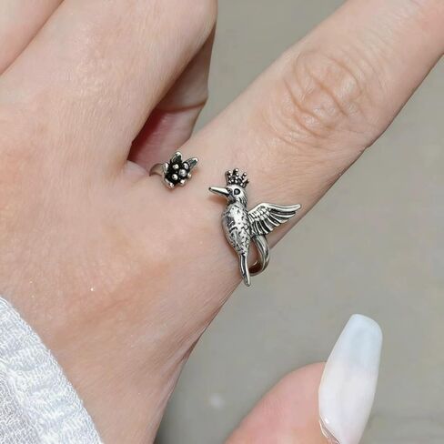 Dtja Vintage Bird Flower Adjustable Open Wrap Ring for Women Statement Expandable Hummingbird Finger Rings Comfort Fit Retro Birthday Holiday Jewelry in Saudi Arabia
