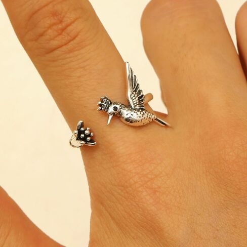 Dtja Vintage Bird Flower Adjustable Open Wrap Ring for Women Statement Expandable Hummingbird Finger Rings Comfort Fit Retro Birthday Holiday Jewelry in Saudi Arabia