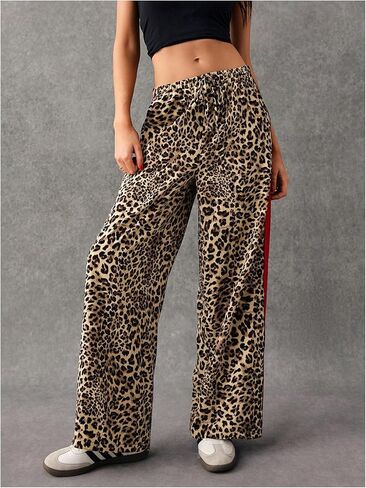 WDIRARA Women's Leopard Print Side Striped Wide Leg Sweatpants High Waisted Drawstring Baggy Pants in Saudi Arabia