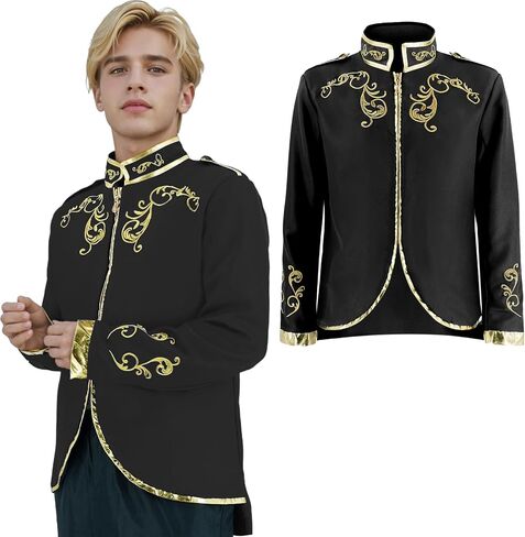 Mens Palace Prince Costume Gold Embroidered Jacket Adult Medieval Court Uniform Officer Punk Halloween Cosplay Suit in Saudi Arabia