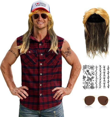 Arvilhill Mens 4pcs Vintage Wig Vest Sunglasses Stickers Halloween Adult Retro Outfits (S-3XL) in Kuwait