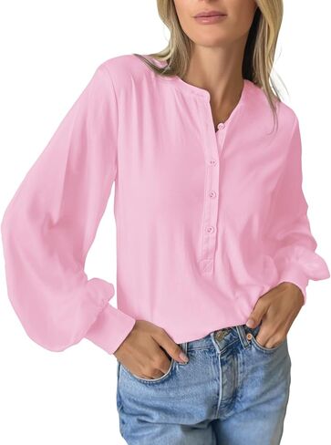 قمصان Henley النسائية بأكمام طويلة، قمصان كاجوال فضفاضة برقبة على شكل حرف V وأزرار، بلوزة أساسية in Saudi Arabia
