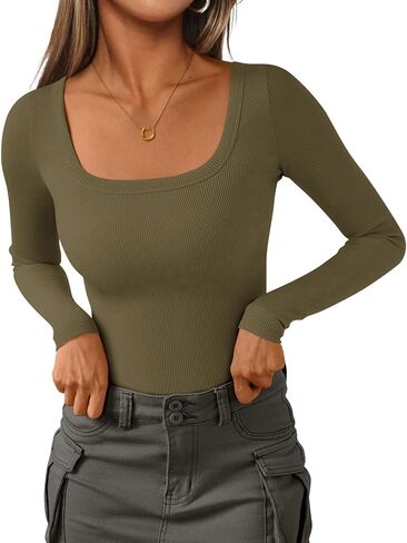 PRETTYGARDEN Long Sleeve Shirts for Women Fall Outfits 2025 Ribbed Basic Tees Scoop Neck Going Out Tops Fashion Clothing in Saudi Arabia