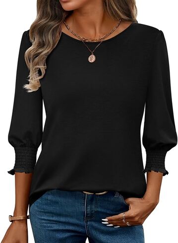 Zeagoo Women's 3/4 Sleeve Blouse Crew Neck Pleated Sleeve Tops Flowy Casual Tunics for Women Dressy Shirt for Business Casual in Saudi Arabia