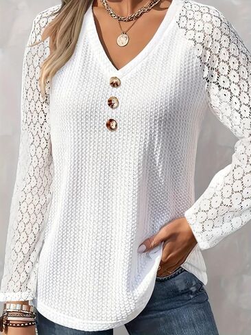 Plus Size Women's Lace Long Sleeve Shirts V Neck with Buttons Tops Dressy Casual Blouses 2025 Fall in Saudi Arabia