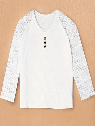 Plus Size Women's Lace Long Sleeve Shirts V Neck with Buttons Tops Dressy Casual Blouses 2025 Fall in Saudi Arabia