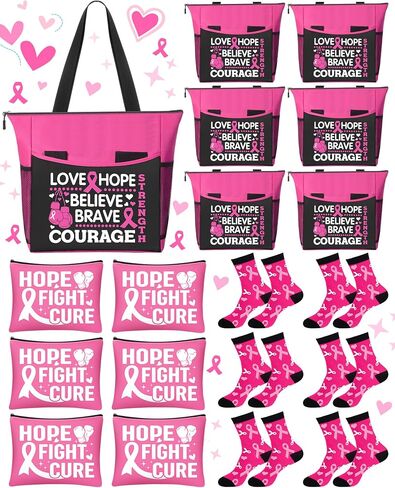 6 Set Breast Cancer Awareness Gift Set with 5-Pocket Tote Bag Survivor Makeup Bags Pink Ribbon Sock in Saudi Arabia