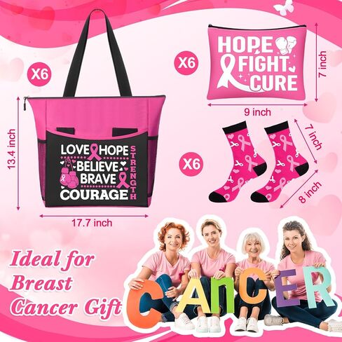 6 Set Breast Cancer Awareness Gift Set with 5-Pocket Tote Bag Survivor Makeup Bags Pink Ribbon Sock in Saudi Arabia