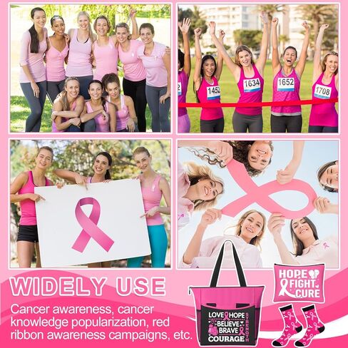 6 Set Breast Cancer Awareness Gift Set with 5-Pocket Tote Bag Survivor Makeup Bags Pink Ribbon Sock in Saudi Arabia