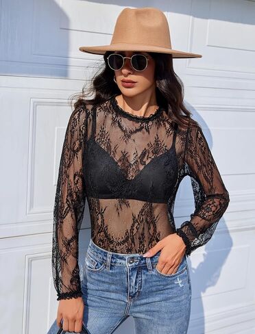 Avidlove Floral Lace Tops Women Mesh Top Long Sleeve Mock Neck Sheer See Through Button Down Shirts in Saudi Arabia