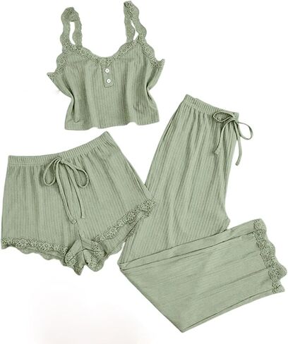 Pajama Sets for Women 3 Piece Lace Trim Cami Tops and Shorts Ribbed Sleepwear Sexy Cami Pjs Sets in Saudi Arabia
