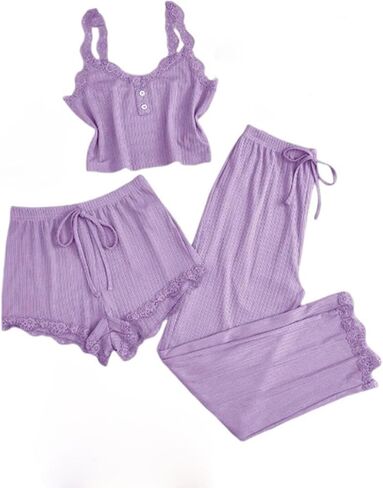 Pajama Sets for Women 3 Piece Lace Trim Cami Tops and Shorts Ribbed Sleepwear Sexy Cami Pjs Sets in Saudi Arabia